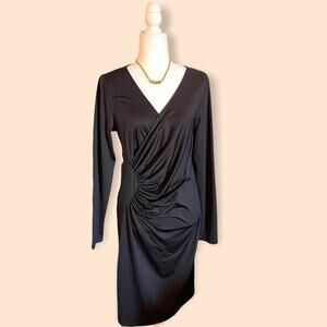 LONG SLEEVE, PLUNGE NECK, RUCHED WAIST MIDI  FAUX WRAP DRESS-GREAT FIT!